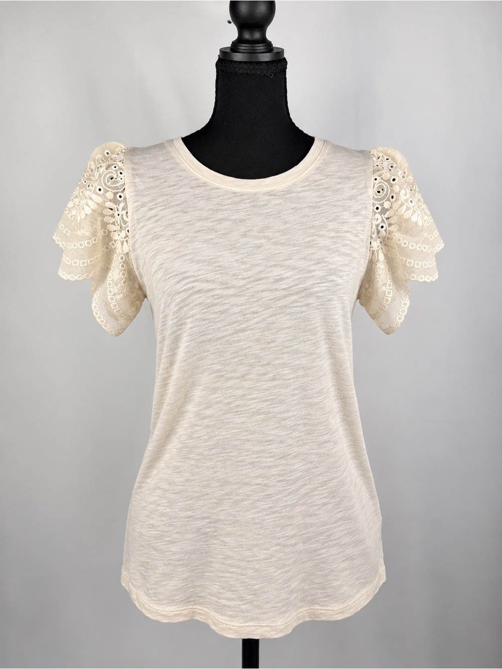 Express Cream Lace Flutter Sleeve Short Sleeve Tee